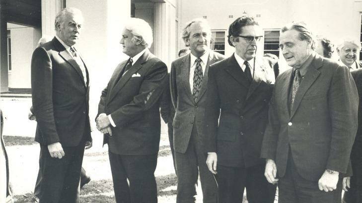 Members of the executive council met with the Governor-General, Sir John Kerr, at Government House.  From left, Gough Whitlam, Sir John Kerr, Tom Uren, Kep Enderby and Jim Cairns. Photo: Fairfax Library