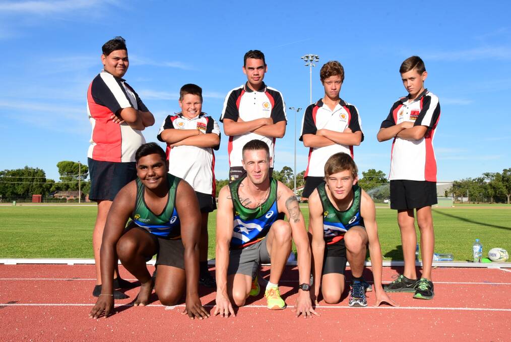 Fun runners (from back, L-R) Daniel Bugmy, Clinton Hill jnr, Zach Hill, Dane Charters with (front) Brendan Shillingsworth, Nathan Riley and Jayden Hyde. 	Photo: BELINDA SOOLE
