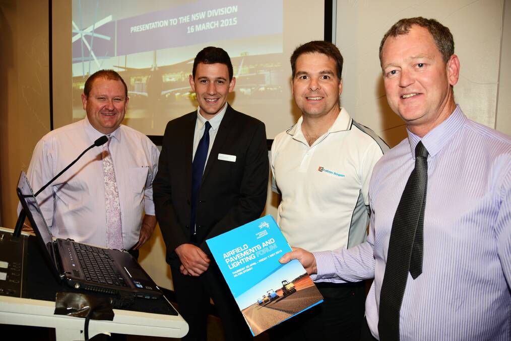 Dubbo airport operations manager Lindsay Mason with Australian Airports Association regional airports officer Jared Feehely, Greg White from Fulton Hogan and Australian Airports Association NSW Division chair Stephen Prowse at the Australian Airports Association NSW Division meeting held in Dubbo. 													          Photo: BELINDA SOOLE