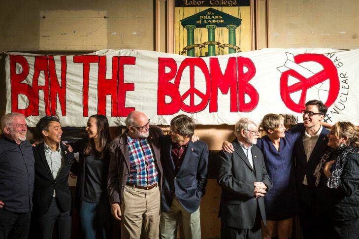 7/10/17 The ICan Australia group was awarded the Nobel Peace Prize for their Anti-nuclear weapons campaigning. Members of the board, past and present are (l-r): Dave Sweeney, Marcus Yipp, Jessica Lawson, Professor Richard Tanter, Associate Professor Tillman Ruff, Profesor Fred Mendleson, Daisy Gardener, Tim Wright and Dimity Hawkins. Photograph by Chris Hopkins