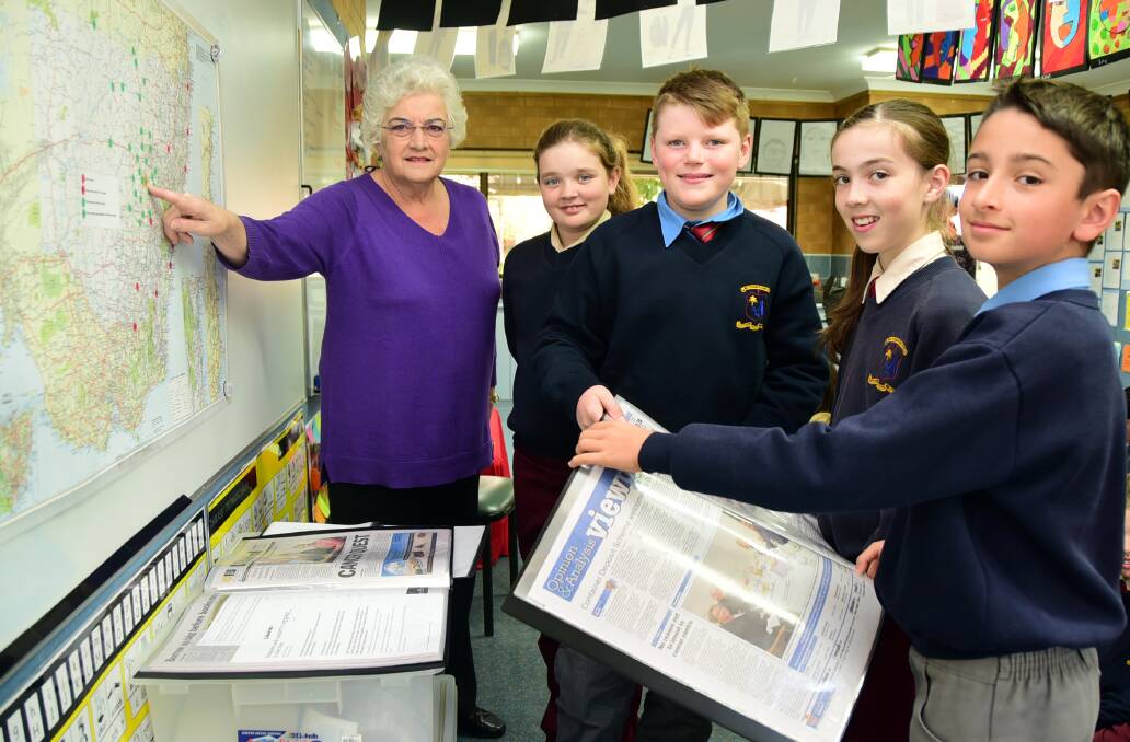 Rotary Club of Dubbo West member Lyn Smith visited year 6 at St Mary s, including students Courtney Vernon, Bailey Andrew, Sophie Anderson and Will Cooke.                                                                                                             Photo: BELINDA SOOLE