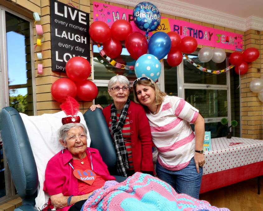 Sylvan Woods resident Jean Kerim celebrated her birthday 102nd birthday on July 8. Joining the celebrations are her daughter Jenny Spilstead, of Cairns, and granddaughter Kelly Spilstead, of Alexandra Hills. Photo by STEPHEN ARCHER