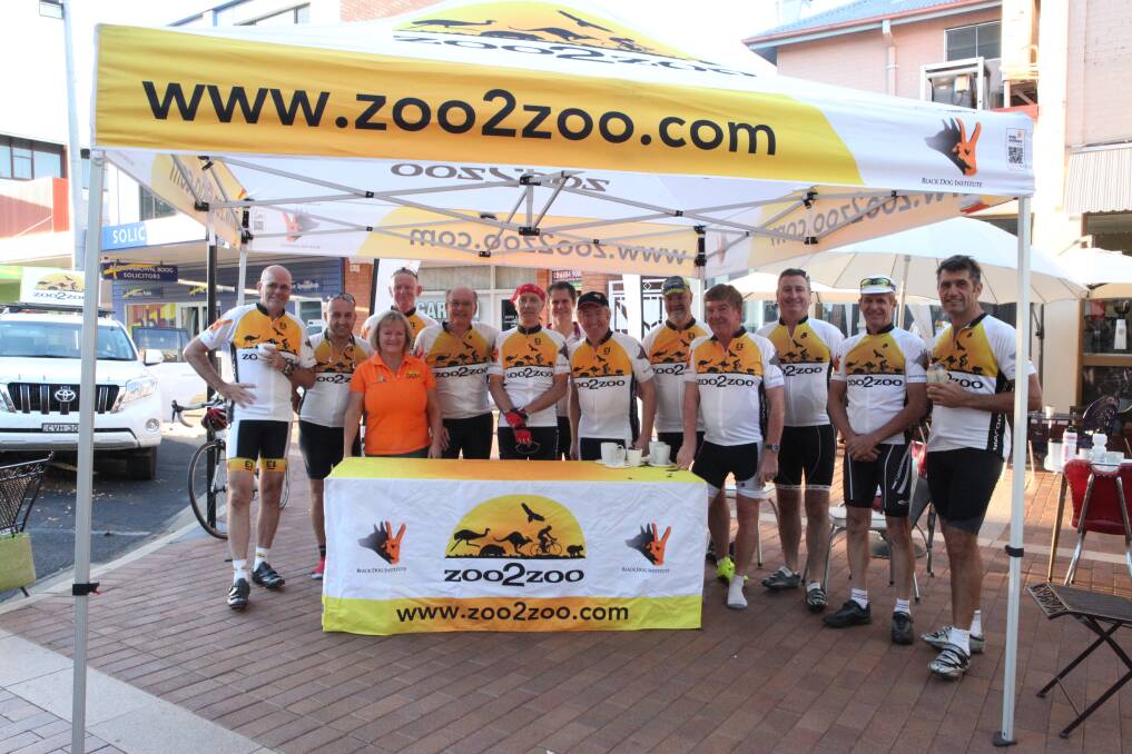 David Hayes, Darren Haksteeg, support crew member Bev Winters (front), Charles Stuart, Andrew Graham, Max Newton, Dubbo City Mayor Mayor Matthew Dickerson (back), Zoo2Zoo co-ordniator Andrew McKay, Kevin Hockey, Sandy Dunshea, Brian McAnerny, Kevin Anderson and Bill Williamson at Thursday s launch. 
Photo: CONTRIBUTED