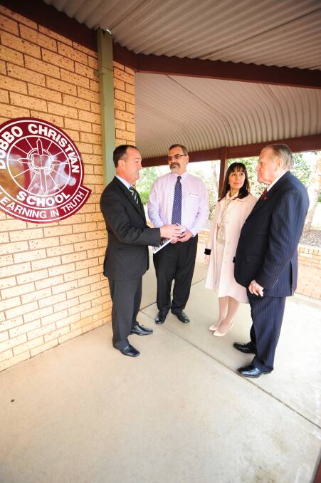 The Hon. Paul Green, member of the CDP, Dubbo Christian School principal Warren Melville, Silvana Nero, CDP candidate for Wakehurst and National President of the Christian Democratic Party, the Reverend Fred Nile.					               	        
 
Photo: LOUISE DONGES