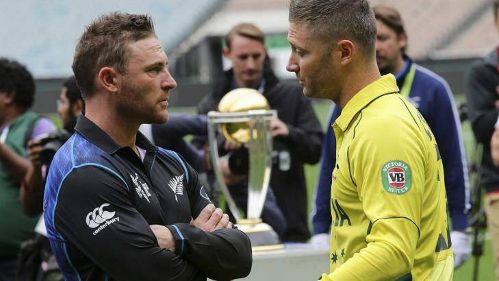 Arguing the toss: Australia's captain Michael Clarke speaks with his New Zealand counterpart Brendon McCullum on the eve of the World Cup final. Photo: Rob Griffith