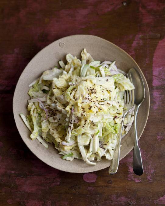 Karen Martini's savoy cabbage slaw with sour cream, apple and caraway <a href="http://www.goodfood.com.au/good-food/cook/recipe/savoy-cabbage-slaw-with-sour-cream-apple-and-caraway-20121120-29n7y.html"><b>(RECIPE HERE).</b></a> Photo: Marina Oliphant
