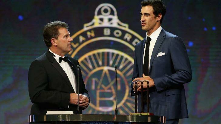  Mitchell Starc speaks on stage after winning the Test Player of the Year award during the 2017 Allan Border Medal at The Star  in Sydney.  Photo: Jason McCawley