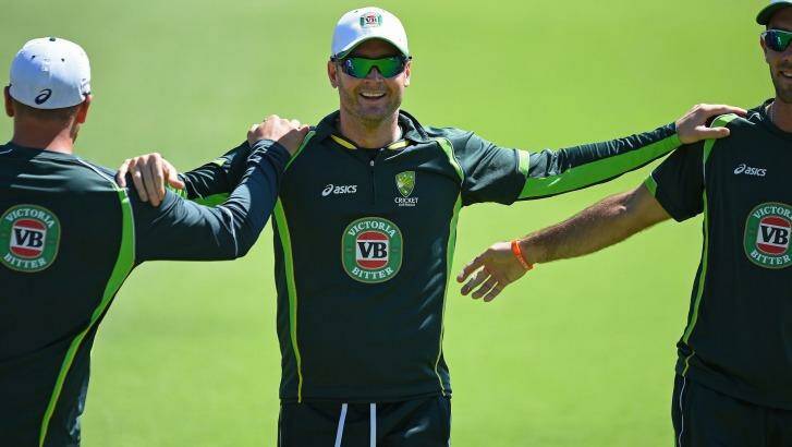 Australian captain Michael Clarke (C) stretches with teammates during a final training session ahead of the 2015 Cricket World Cup Pool A match between Australia and Afghanistan in Perth on March 3, 2015. AFP PHOTO  Photo: GREG WOOD