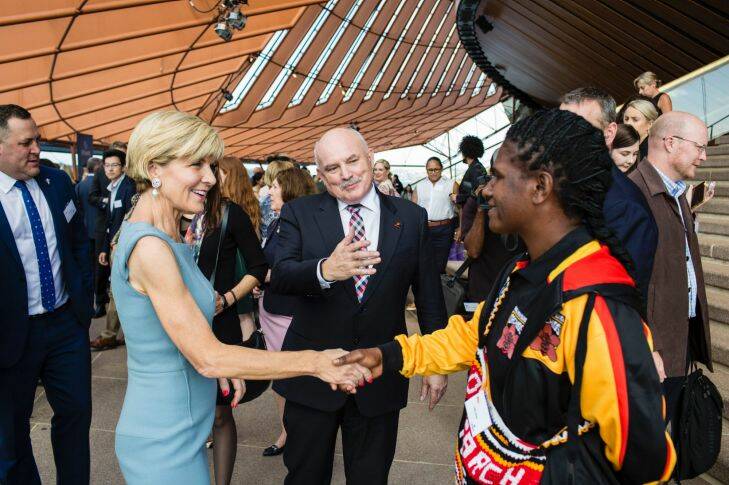 AFR. 14th of November 2017. Foreign Affairs Minister and Acting Prime Minister, Julie Bishop, CEO of Oil Search, Peter Botten, and Captain of the Oil Search PNG Orchids, Cathy Neap, at the Oil Search PNG Orchids celebration held at the Opera House. Story: John Stensholt.  Photo: Dominic Lorrimer. 