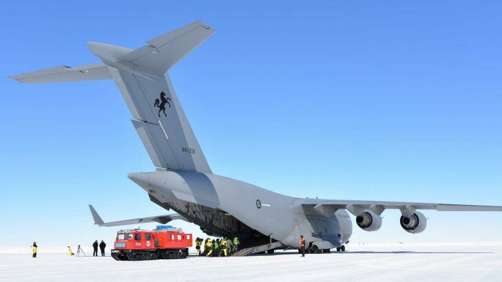 Globemaster on ice: An RAAF heavy-lift aircraft takes on a "patient" in a med-evac exercise. Photo: Andrew Darby