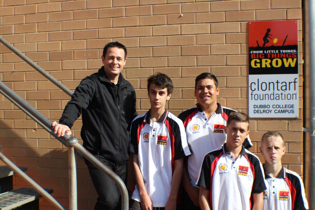 Dubbo Chamber of Commerce president Matt Wright with Clontarf Academy participants Will Bruce, Ian Gordon, Dane Charters and John Hill. 
                                                                                            Photo: CONTRIBUTED