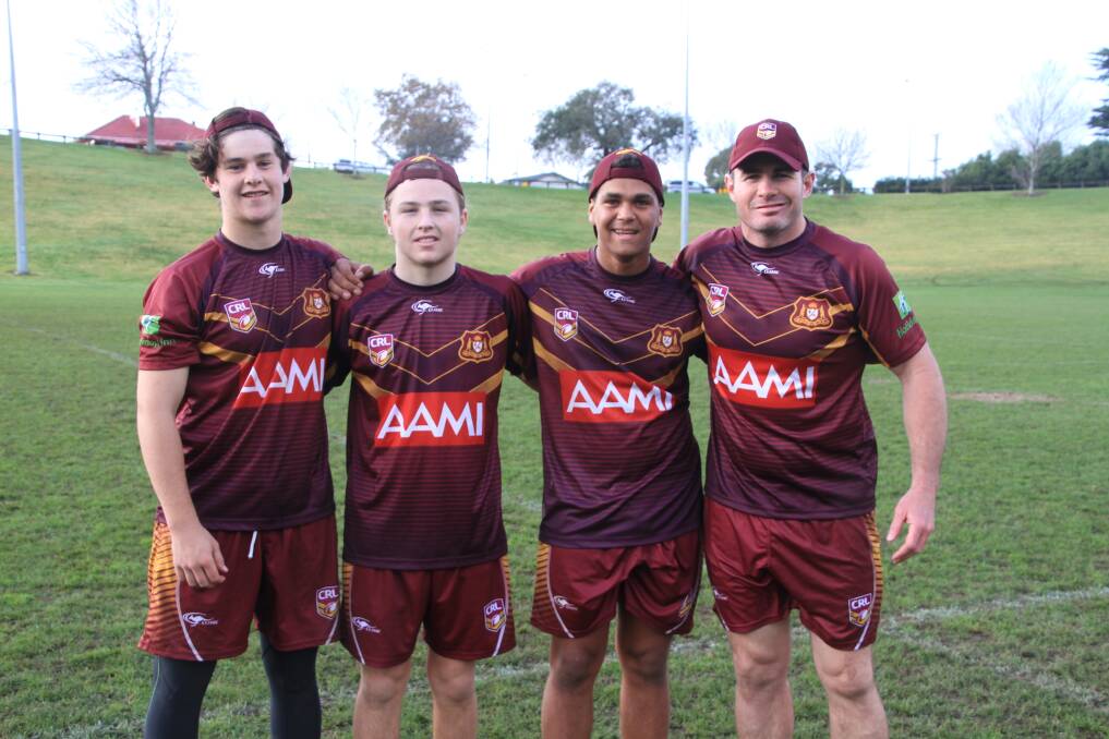 Western's three udner-16s representatives, Bradley Gaut (Red Bend), Kane McDermott (Dubbo) and Jai Doolan (Cowra) with coach Andrew Ryan in New Zealand last week.      Photo: CRL