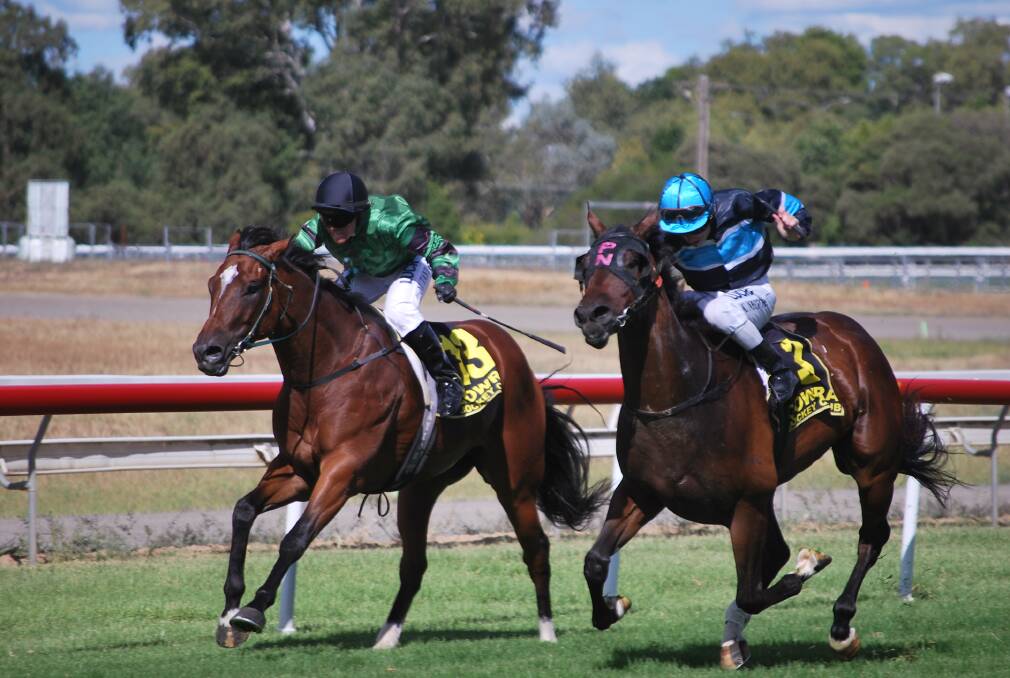 Tuliman, with Kody Nestor onboard, moves down the outside past Orrstar on the way to winning the Diggers Cup at Cowra on Sunday. 							       Photo: Peter Guthrie