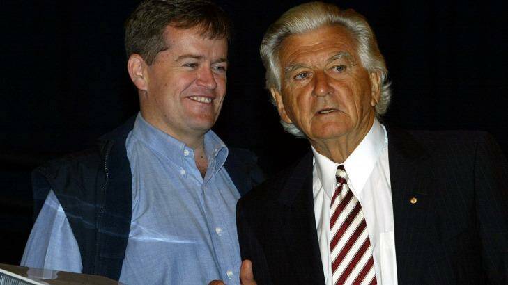 Former prime minister Bob Hawke and Bill Shorten at a trade hall rally in 2005. Photo: James Davies