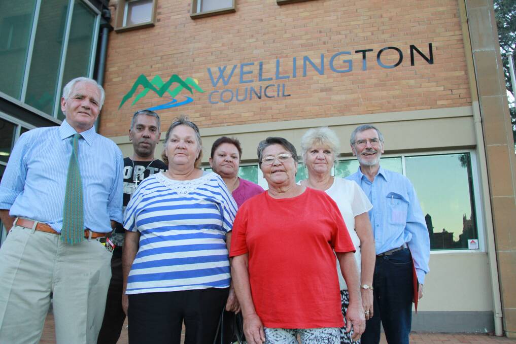 Nat Barton, Jamie Gray, Dot, Marlene and Diane Stewart, Audrey Stewart-Hodge and Martin Sannikka outside Wellington Council. 							   Photo: MICHELLE?BARKLEY