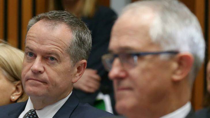 Opposition Leader Bill Shorten and Prime Minister Malcolm Turnbull at a family violence event on Tuesday. Photo: Alex Ellinghausen
