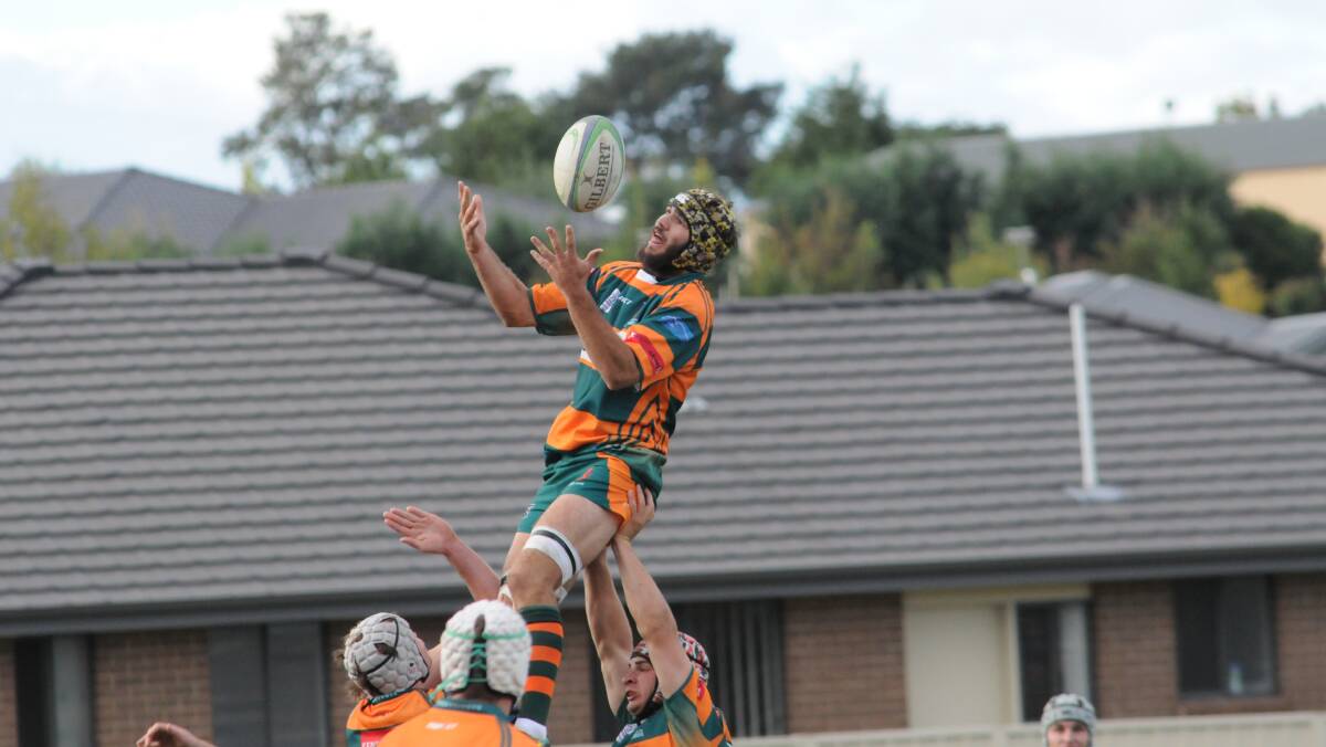 THE AIR UP THERE: Orange City Lions' Duncan Young collects the ball from a lineout. Photo: JAIME PRIEST
