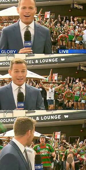 Going, going, gone: Tom Steinfort is caught out during his live cross on Channel Nine.