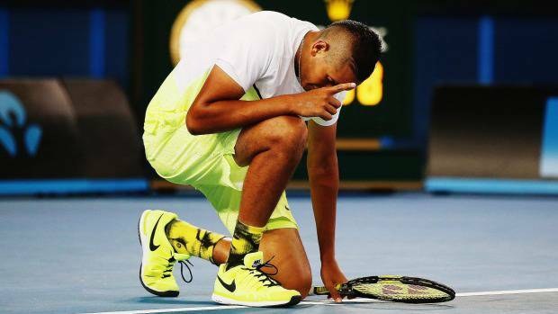 Nick Kyrgios goes down on one knee after defeating Federico Delbonis of Argentina. Photo: Getty Images