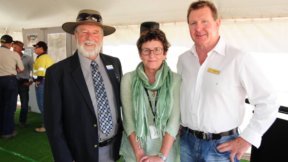 ALKANE GOLD MINE OPENING: Parkes Shire mayor Kevin Keith, Sally Bryant and Narromine mayor Bill McAnally. Photo: Belinda Soole. 