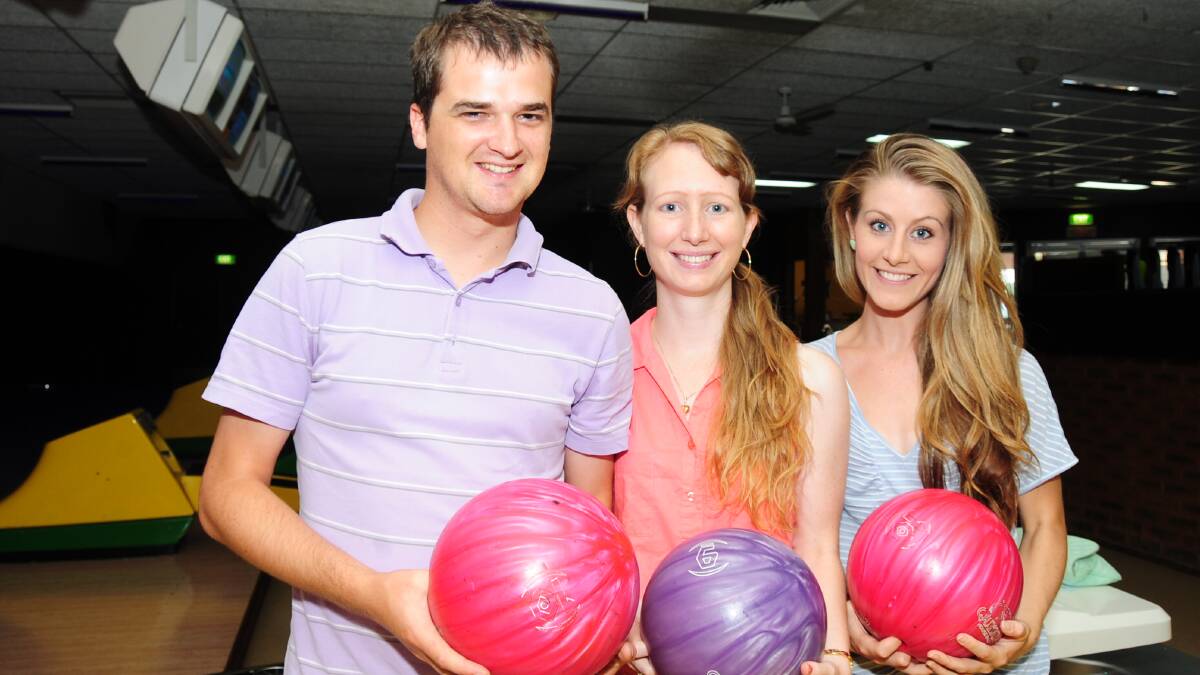 TEN PIN BOWLING: Andrew Brown, Amanda Brown and Ally Peterson. Photo: LOUISE DONGES.