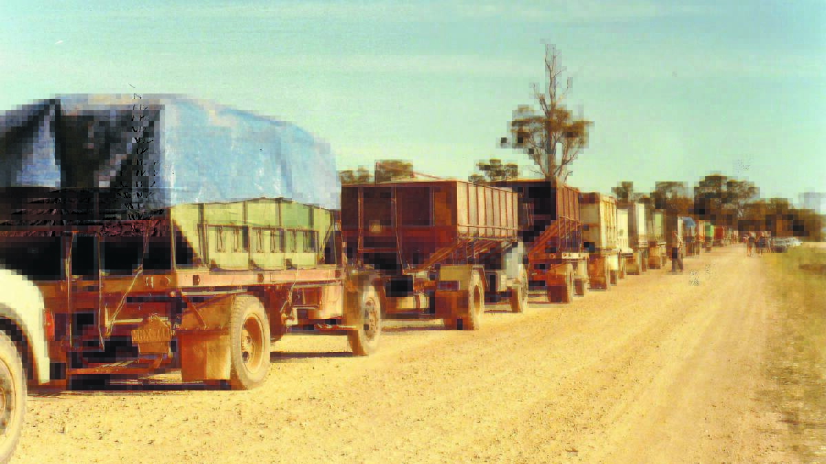 Bumper harvest of 1983 following the devastating drought of 1982. Pictured is the line-up of trucks at the Mikibri silos.