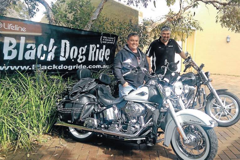 Steve Gower and Wayne Amor with Winston, the Black Dog Rides' mascot, as they prepared to take part in the NSW Black Dog ride. 