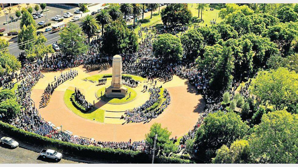 APRIL: A record crowd was at the Victoria Park cenotaph to honour the fallen at the post-parade ceremony. Photo: PAUL CREMIN, AERIAL PHOTOGRAPHY
