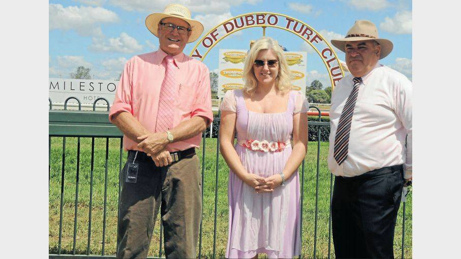 FEBRUARY: Dubbo Turf Club chairman Robert Elllis proudly dressed in pink with McGrath Foundation board member Tracy Bevan and Turf Club general manager Mark Day raising money for cancer research. Photo: KATHRYN O’SULLIVAN