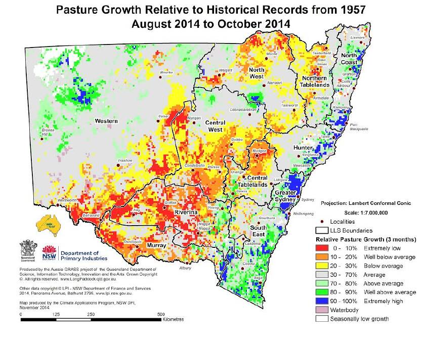 A map shows much of the Central West Division, including Dubbo and surrounds, experienced extremely low to below average relative pasture growth between August and October.