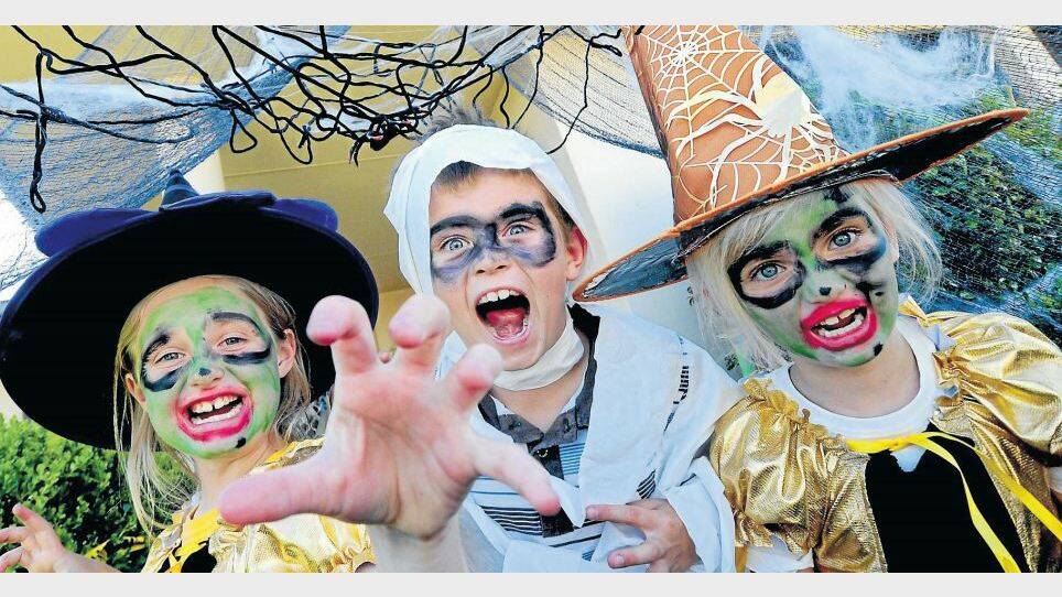 NOVEMBER:  Hayley Hawke, Tyler Sandry and Mia Hawke were among the hundreds of local children who dressed in their favourite scary costumes and
ventured out out trick-or-treating for Halloween.
Photo: LOUISE DONGES
