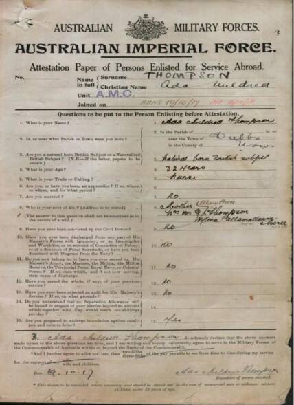 A First World War Embarkation roll lists Ada Thompson to embark from Sydney on SS Wyreema. 