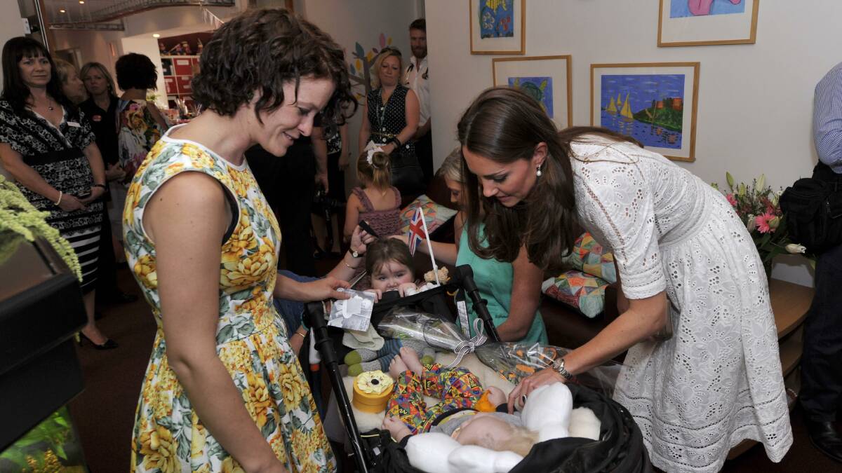 Amy and Max McIntyre from Dubbo with the Duchess of Cambridge at children's hsopice Bear Cottage.