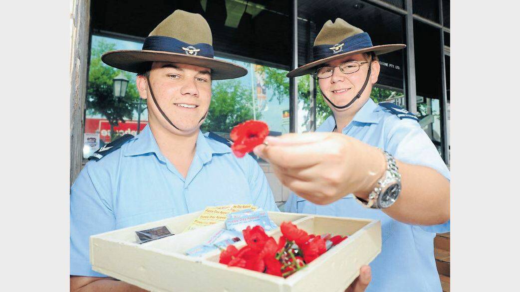  NOVEMBER:  Lest we forget... Air Force cadets Geordie Catto and Nathan Hawkes in Macquarie Street before Rememberance Day. Photo: BELINDA SOOLE