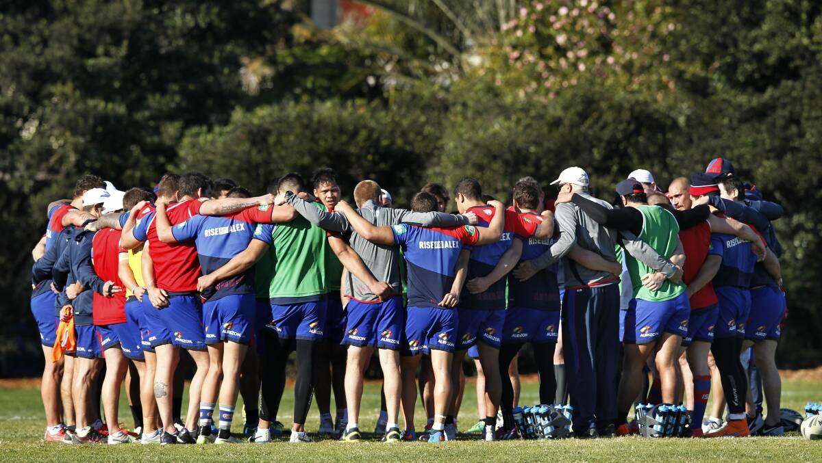 What will the next few weeks bring for the Knights? Team huddles during training session at Balance Mayfield. Picture: Max Mason-Hubers