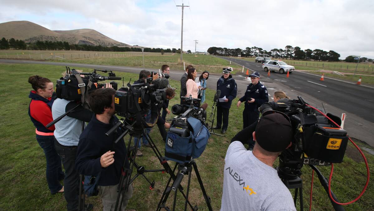Superintendent Don Downes briefs the gathered media at Derrinallum. Picture: DAMIAN WHITE