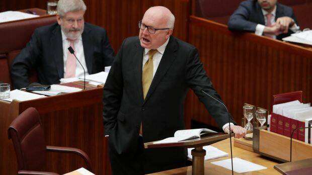 A fuming Attorney-General Senator George Brandis attacks Pauline Hanson for wearing the burqa. Photo: Andrew Meares