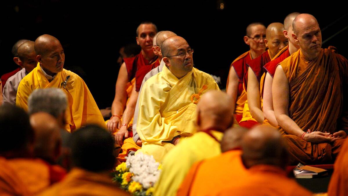 His Holiness The 14th Dalai Lama of Tibet teaching to Buddhist monks and practitioners at the Brisbane Convention and Exhibition Centre on Friday, June 12, 2015 in Brisbane, Australia. Pic: Michelle Smith