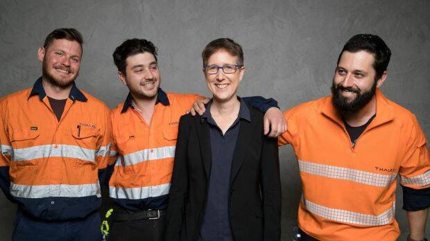 Head of the ACTU, Sally McManus, with Adam Simpson, Jordan Waddell and Darren Gray, in Sydney after the MoU between unions and the Naval Group was signed Photo: Janie Barrett
