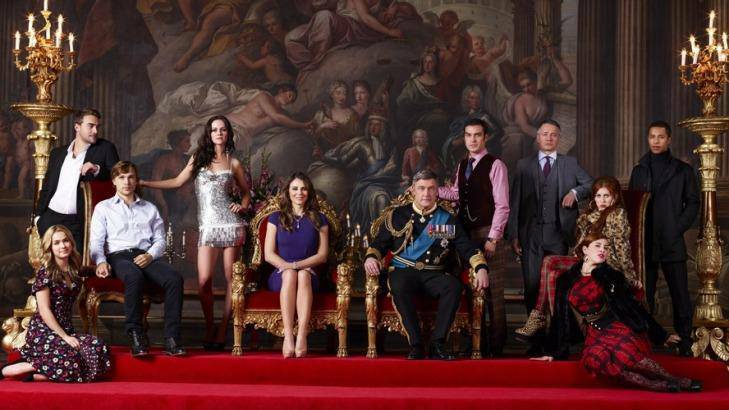 Meet the Royals ... Elizabeth Hurley stars as Queen Helena, centre, and Vincent Regan as King Simon in a show so bad it might be good to watch. Photo: E!