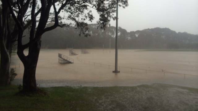 Bill Smyth Oval flooded after intense rain at Narooma on Monday and Tuesday. Photo: Narooma News.