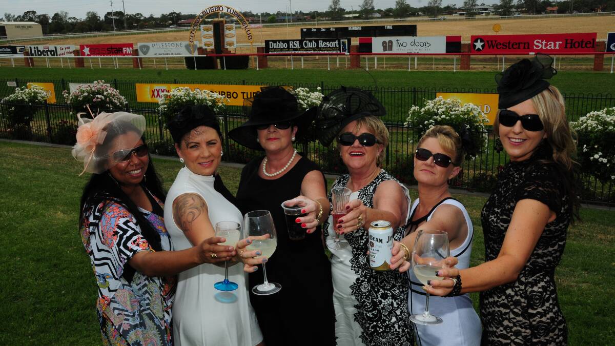 Grace Toomey, Shayne-Maree Carr, Di Mellor, Jaquie Yeo, Renae Hannaford and Jodie Cookson at the Dubbo Derby Day. Photo: GREG KEEN.