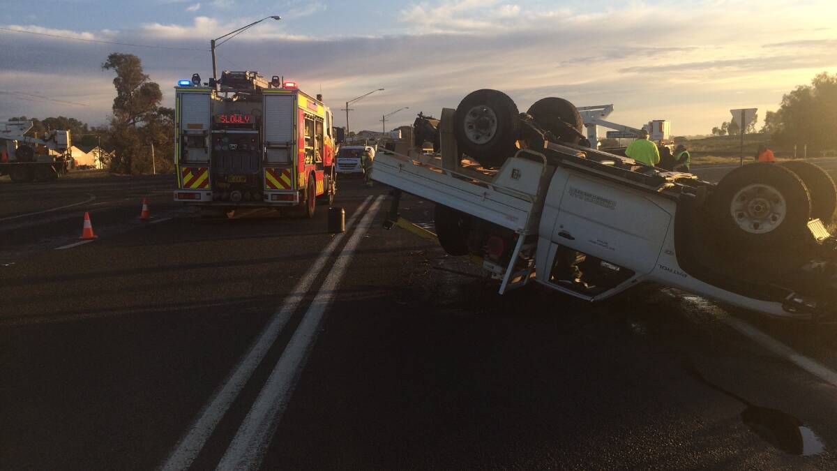 Emergency services were called to the intersection of the Newell Highway and Boothenba Road after a vehicle overturned on Monday morning. Photo contributed.