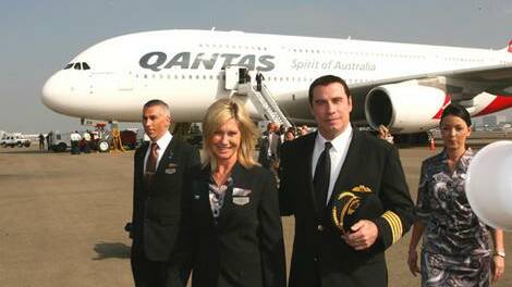 John Travolta with Olivia Newton John and the Qantas A380