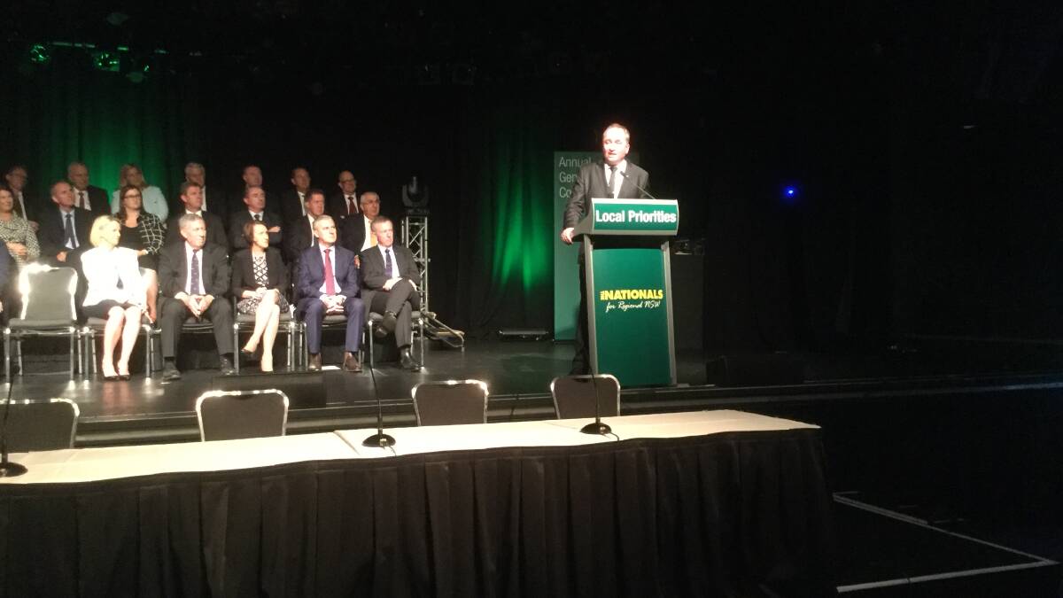 Deputy Prime Minister Barnaby Joyce announces a $25 million election commitment for an integrated cancer centre at Dubbo Hospital at The Nationals' state conference in Tweed Heads on Friday. Photo: Contributed