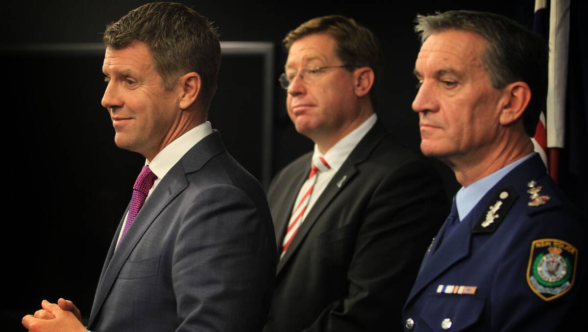 Premier Mike Baird with Deputy Premier Troy Grant and Police Commissioner Andrew Scipione.
