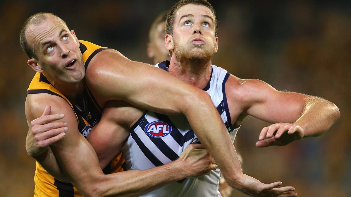 David Hale of the Hawks and Jack Hannath of the Dockers compete in the ruck. The Hawks defeated the visiting Dockers 137-79. Picture: Getty Images