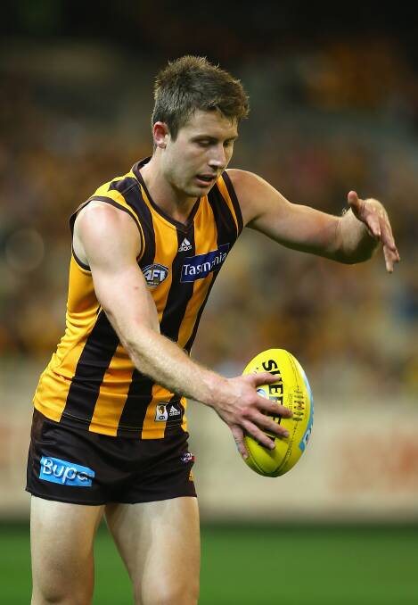 Liam Shiels of the Hawks kicks . The Hawks defeated the visiting Dockers 137-79. Picture: Getty Images