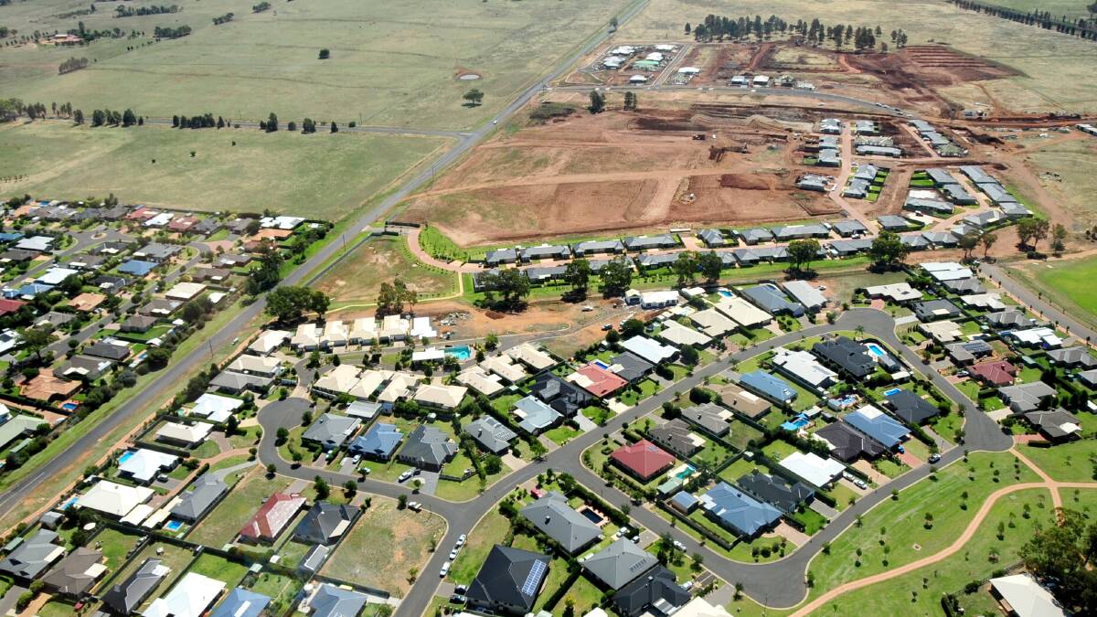 Some of the growth of Dubbo as seen from the air earlier this year. Work is under way on another stage of Delroy Park Estate. Photo: LOUISE DONGES