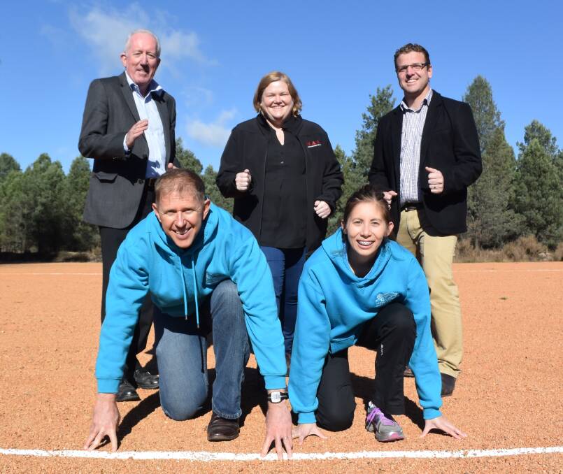 ON YOUR MARKS: Dubbo Regional Council Administrator Michael Kneipp, MAAS Group's Lou Sullivan and Steve Guy with the Dubbo Stampede committee's Rod Campbell and Miriam Tan at the launch. Photo: JENNIFER HOAR